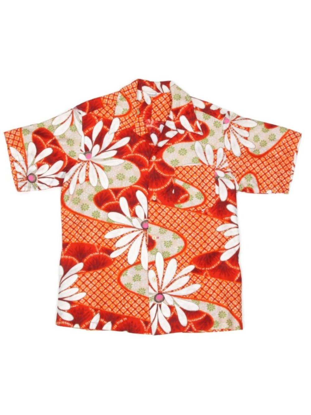 Vtg MADE IN HAWAII Orange Asian Floral Swirling Waves Mens Shirt size Large /087